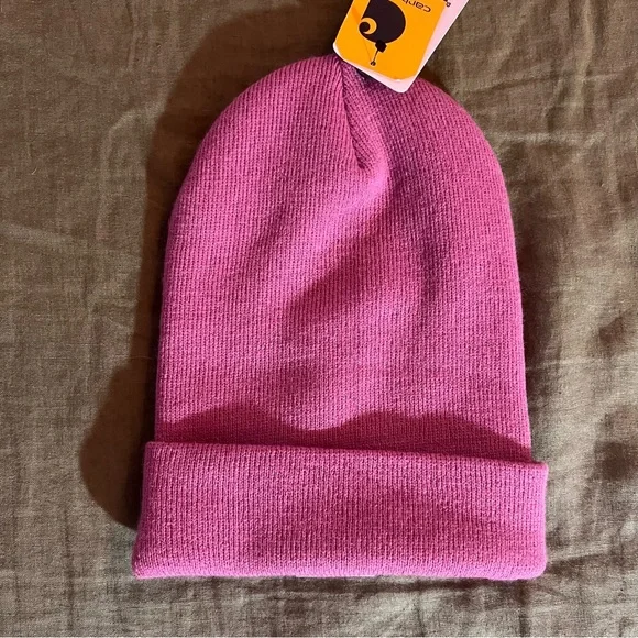 NWT Carhartt Knit Cuffed Beanie Pink Blue Rubber Patch Logo Adult One Size Cute - Picture 3 of 4